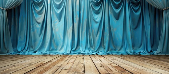 Wall Mural - Elegant Blue curtain wooden floor background template. with copy space image. Place for adding text or design