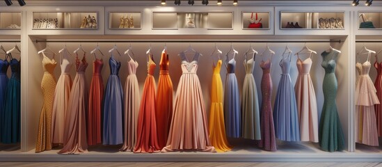 Wall Mural - Different women's dresses on the rails in the store. Luxury and wedding shopping. with copy space image. Place for adding text or design