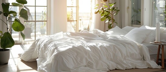 Poster - The white bed is in the sun-warmed bedroom in the morning. with copy space image. Place for adding text or design