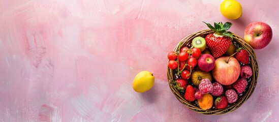 Poster - fresh colorful fruit in the basket pastel background. with copy space image. Place for adding text or design