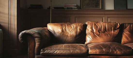 Poster - Leather couch in furnished room. with copy space image. Place for adding text or design