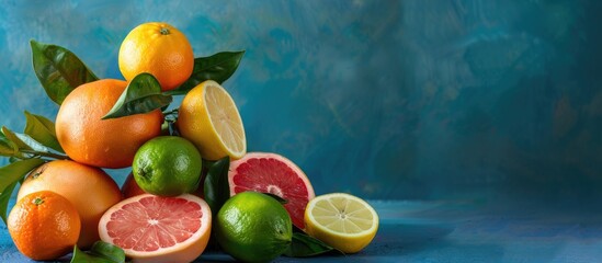 Wall Mural - pyramid of citrus grapefruit, lemon, orange and lime decorated with leaves on a blue background. Copy space image. Place for adding text or design