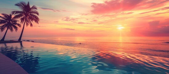 Luxury sunset over infinity pool in a summer beachfront hotel resort at beautiful tropical landscape. Tranquil beach holiday vacation background. Amazing island sunset beach view, palms swimming pool