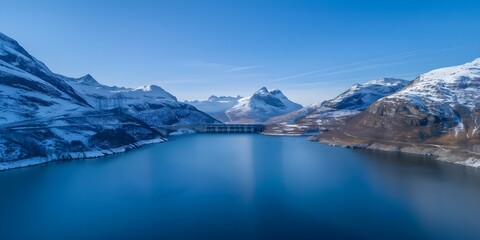 Wall Mural - Aerial view of hydroelectric dam on serene lake with snowy mountains. Concept Aerial Photography, Hydroelectric Dam, Serene Lake, Snowy Mountains, Scenic Landscape