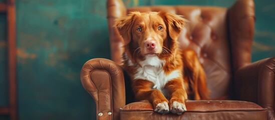 Aufkleber - dog on a chair. Nova Scotia duck tolling retriever in the loft studio. Pet indoors . with copy space image. Place for adding text or design