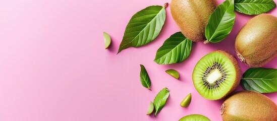 Fototapete - Fresh kiwi fruits on isolated pastel background whit its whole and sliced. with copy space image. Place for adding text or design