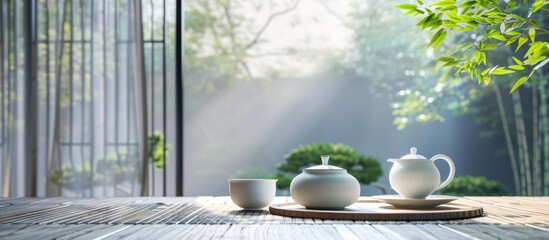 Aufkleber - Tea set on table in modern veranda interior. with copy space image. Place for adding text or design