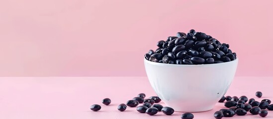 Fototapete - Black beans in white ceramic bowl isolated on pastel background. Spilled beans. with copy space image. Place for adding text or design