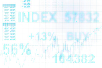 Poster - An abstract financial market concept with digital effects showing data, graphs, and the word 'BUY' on a white grid background