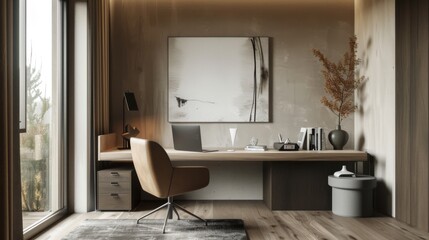 Poster - A home office space in minimalist style with a sleek desk, ergonomic chair, and minimalist decor accents