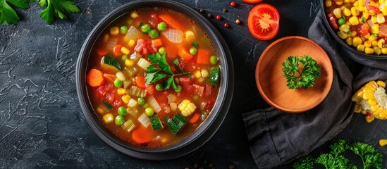 Aufkleber - Minestrone soup from zucchini and tomato, onion and carrots, corn and peas with parsley, a plate of soup close-up, vegetarian soup. Copy space image. Place for adding text or design