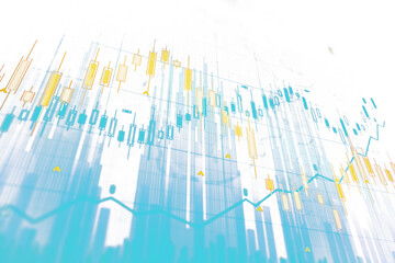 Poster - Abstract financial chart with uptrend line graph on a blue and yellow background, representing data analysis or stock market concept