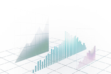 Poster - Abstract financial graph with uptrend line and bars, in a 2D illustration style, on a white and transparent grid background, concept of growth