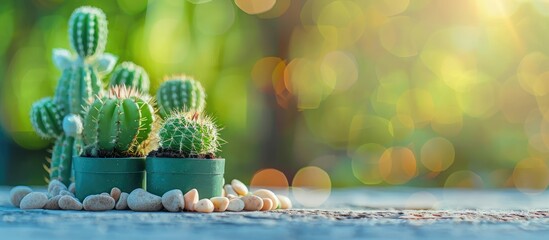 Poster - small green cactus plants pots in garden nature background . with copy space image. Place for adding text or design