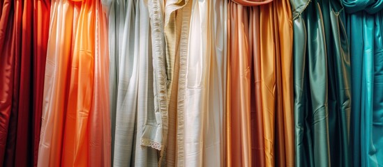 Poster - Beautiful curtains of different colors hang on the stand for sale. Curtains hang on the stand in the store. with copy space image. Place for adding text or design