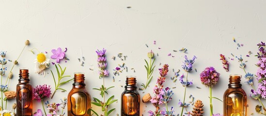 Wall Mural - Bottles of essential oils. with copy space image. Place for adding text or design