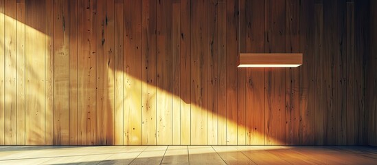 Poster - Low angle view of a hanging light fixture in a room with wooden walls. with copy space image. Place for adding text or design