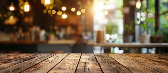 Wall Mural - Wood table and blurred coffee shop interior background and lighting bokeh. with copy space image. Place for adding text or design