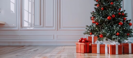 Wall Mural - Beautiful Christmas gift boxes on floor near fir tree in room. with copy space image. Place for adding text or design
