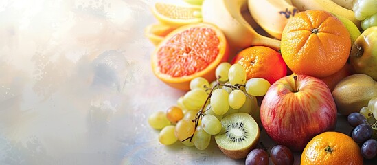 Poster - Fresh ripe colorful organic fruits from market: apple and orange, grapefruit and banana, grape and apricot; healthy fruit background. Copy space image. Place for adding text or design