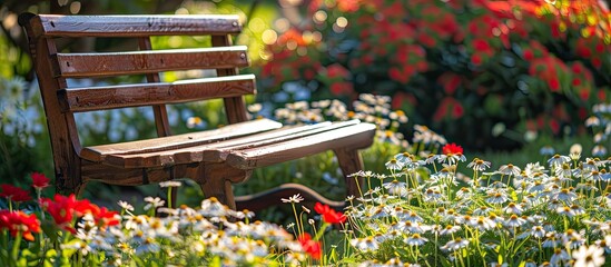 Aufkleber - Wood chair in the flowers garden./ Flowers in the garden. with copy space image. Place for adding text or design