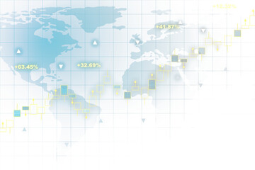 Aufkleber - An infographic world map with percentage figures and candlestick charts, styled with a light and clean graphical layout on a white background, concept of global finance