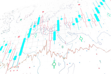 Poster - Abstract financial chart overlaid on a world map, depicting market data and trends, on a white background reflecting the concept of global economy