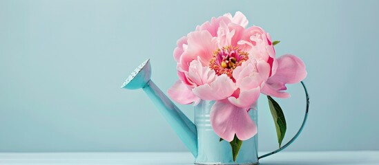 Poster - tin watering can with a large pink peony flower on a pastel background, closeup. with copy space image. Place for adding text or design