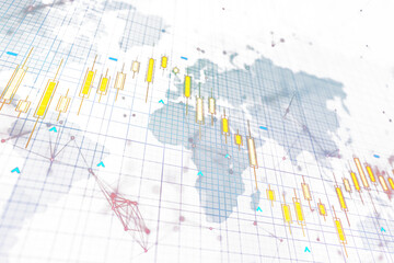 Poster - Abstract financial chart with world map in the background, light and colorful, concept of global markets