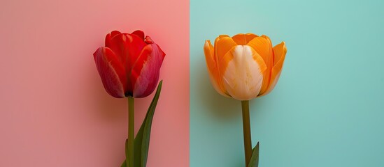 Fototapete - Two beautiful tulips isolated on a pastel background. with copy space image. Place for adding text or design