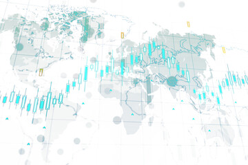 Poster - A digital world map with stock market candlestick charts overlaid, graphic design style, on a white and light blue background, concept of global finance