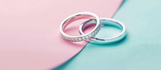 Poster - Casual style white gold ring with diamonds Isolated on pastel background. Silver wedding ring band with gemstones. with copy space image. Place for adding text or design