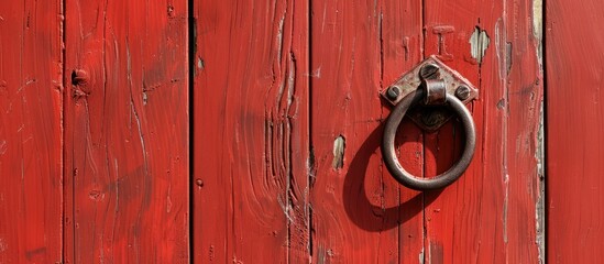Poster - A coat hook hanging on the back of a red door. with copy space image. Place for adding text or design