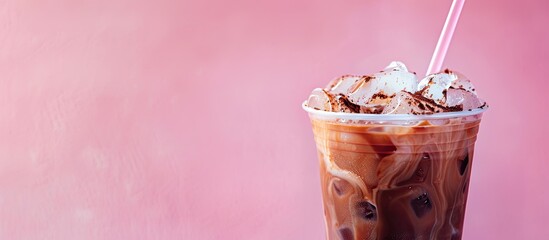 Poster - Iced coffee mocha pastel background Ice  Coffee   Food. with copy space image. Place for adding text or design