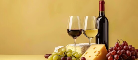 Leinwandbilder - bottle of red and white wine, glass and tasty cheese and grape Isolated on pastel background. with copy space image. Place for adding text or design