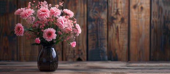 Canvas Print - Artificial Pink flowers in a vase on wood . with copy space image. Place for adding text or design
