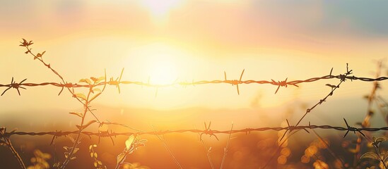 Leinwandbilder - silhouette barbed wire with sun pastel background  Abstract. with copy space image. Place for adding text or design