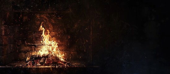 Poster - Bright flame of fire burns in old fireplace. with copy space image. Place for adding text or design