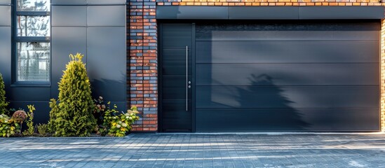 Poster - Large garage door with brick wall and asphalt driveway. with copy space image. Place for adding text or design