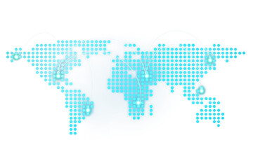 Poster - A dotted world map design in shades of cyan and blue on a white background, illustrating global connectivity concepts