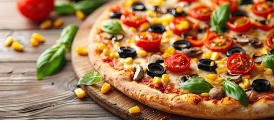 Aufkleber - Delicious italian vegetarian pizza with tomatoes, mushrooms, peppers, corn and black olives  thin pastry crust at wooden table background pastel background. with copy space image