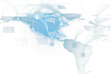Poster - A stylized map illustration showing connections between continents on a white and blue background, symbolizing global communication