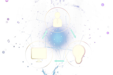 Poster - Abstract networking concept with icons linked by lines on a white and purple background, in a digital graphic style