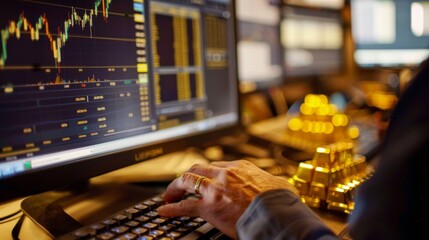 Aufkleber - A person using a desktop computer to monitor real-time gold futures prices and market fluctuations
