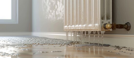 Aufkleber - water leak through the heating radiator. with copy space image. Place for adding text or design
