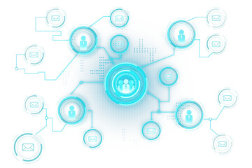 Poster - Abstract digital network connections with user and email icons on a white background, highlighting a concept of communication