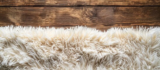 Aufkleber - Fuzzy carpet on wooden background, top view with space for text. with copy space image. Place for adding text or design