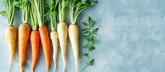 Fototapete - Parsnip fresh vegetables pastel background  Food  Isolated. with copy space image. Place for adding text or design