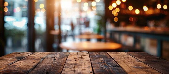Aufkleber - Selected focus empty brown wooden table and Coffee shop or restuarant blur background with bokeh image. for your photomontage or product display. with copy space image