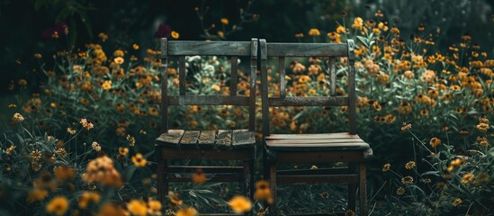 Wall Mural - Large wooden chair old vintage dark dimly lit in a flower garden. with copy space image. Place for adding text or design